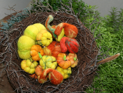 Felted Pumpkins & Gourds in Twig Nest Basket